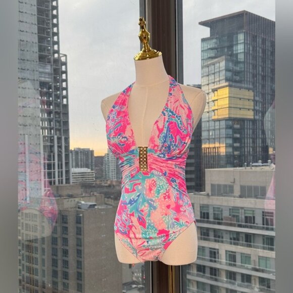 🆕 LILLY PULITZER 🧿 NWOT Lanai Halter 1PC Swimsuit, Light Pascha Pink - Sz 6 - Picture 3 of 13